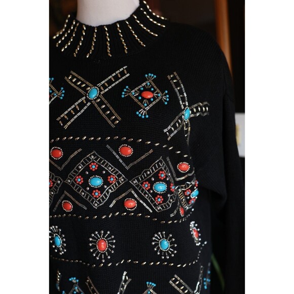Vintage Studio C Collection Women's Southwestern Jeweled Mock Neck Sweater M - Picture 11 of 16